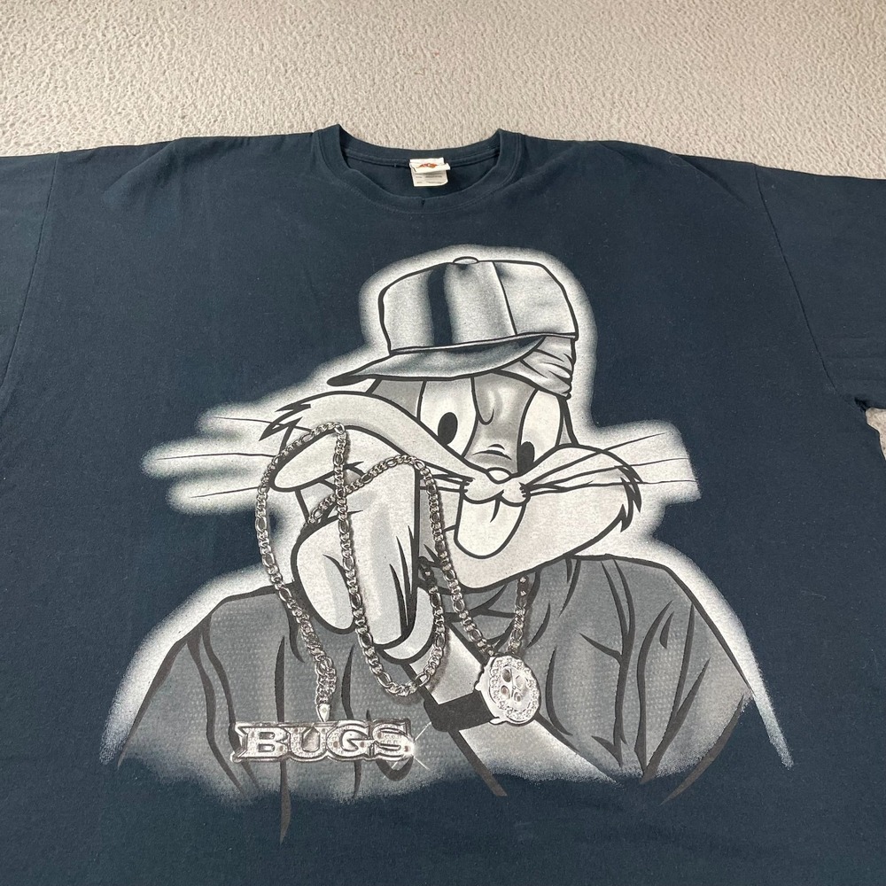 Vintage Looney Tunes Bug Bunny Bling Bling Black T-Shirt Men's 3XL 2000s 90s - Picture 2 of 10